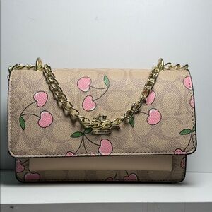 Elegant Pink Cherry Shoulder Bag with Gold Chain